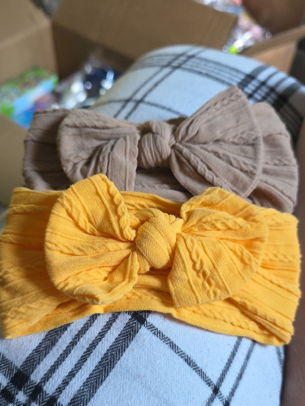 Kids Cotton Bow Headbands - Yellow and Taupe